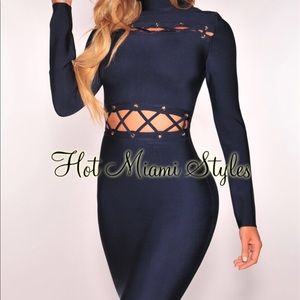 Hot Miami Styles Navy Lace Up Bandage Dress